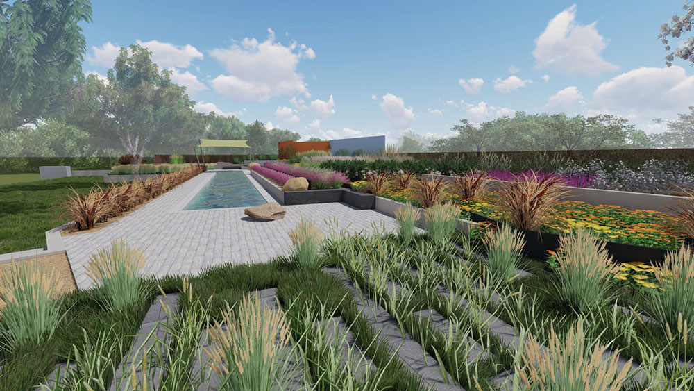 Digital rendering of Landscape Design in Santa Fe with plants, stones, pool