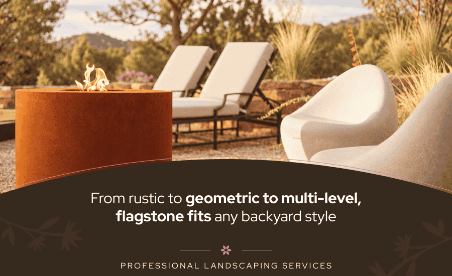 Flagstone, stone chairs and a fireplace