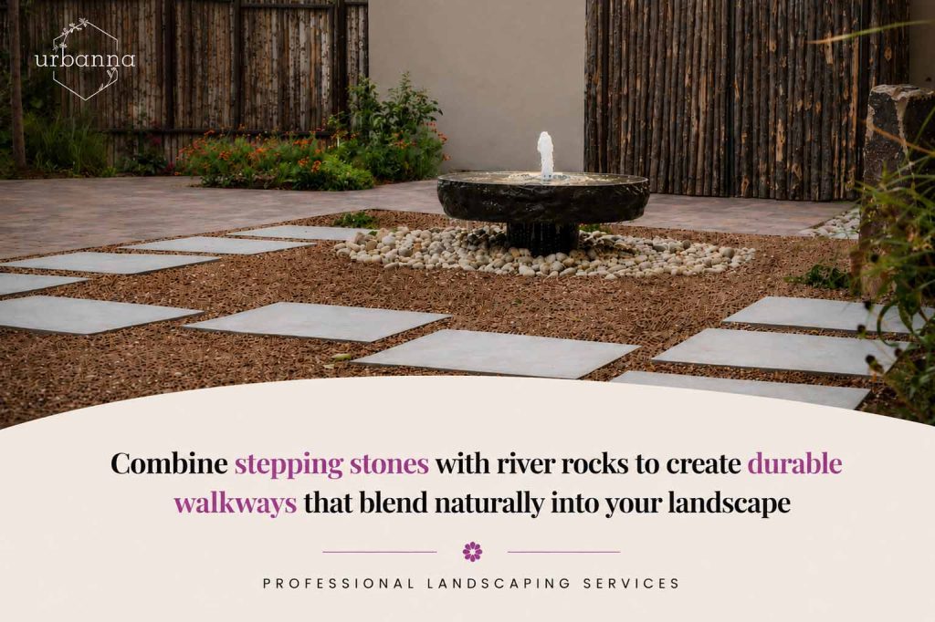 River rocks and stepping stones around a fountain by Urbanna