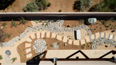 A drone image of a Sante Fe landscape designed by Urbanna