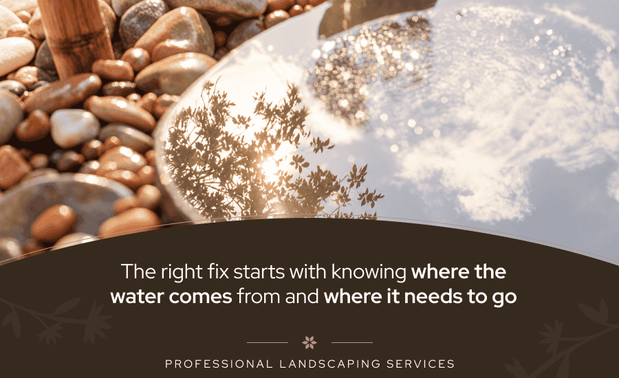 A landscape design with gravel, tiles and a water feature